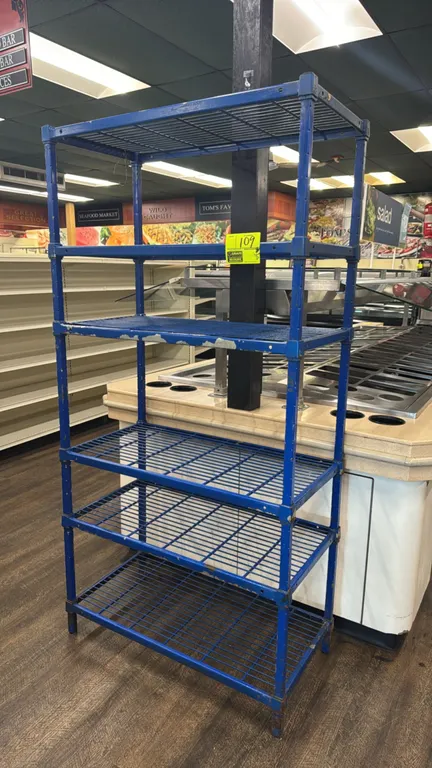 6-tier metal wire shelving rack. Features blue protective coating, wire grid shelves, and one shelf with solid mat cover. 36"W x 18"D x 72"H. Mounted