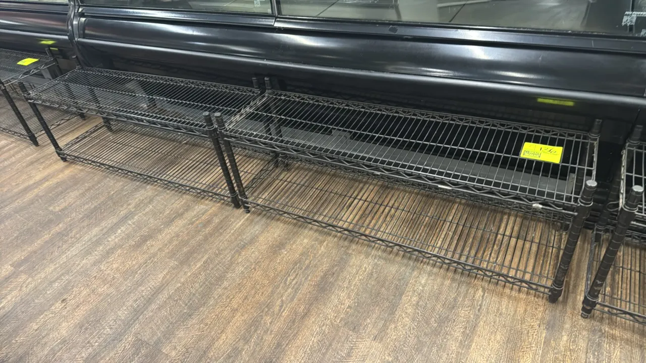 Metal coated 2-tier wire racks. Features black coated finish and 2-tier wire shelving construction. Dimensions: 48"L x 14"W x 19"H each.