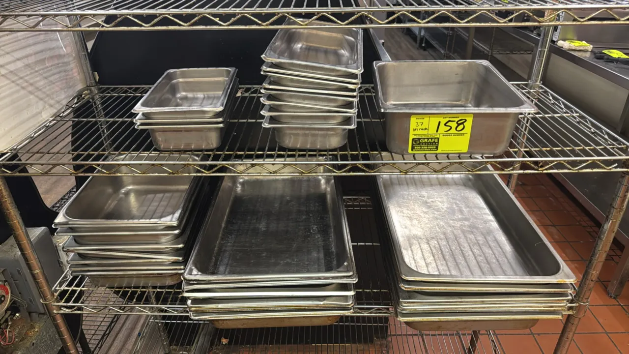 Stainless steel insert pans. Assorted sizes ranging from 1/4 size to full size with depths from 2" to 6". Wire shelving not included.