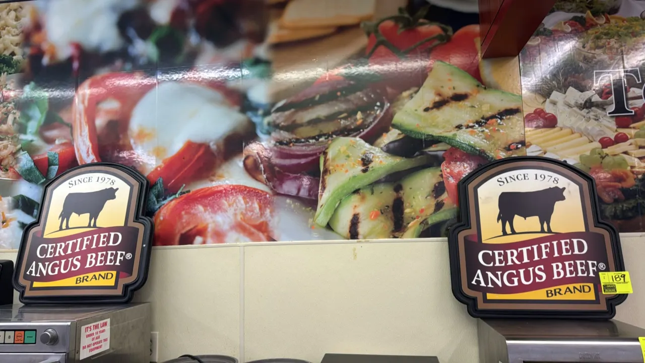 Certified Angus Beef Brand poly signs. Features molded black plastic frames with brand logo graphics. 24" x 24".