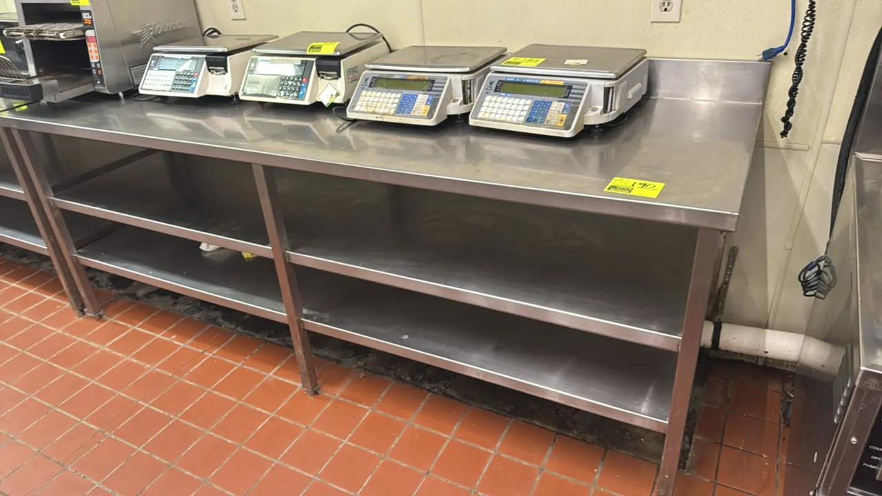 Stainless steel work table. Features integrated rear backsplash, (2) full-length undershelves, and square stainless steel legs with adjustable feet. D