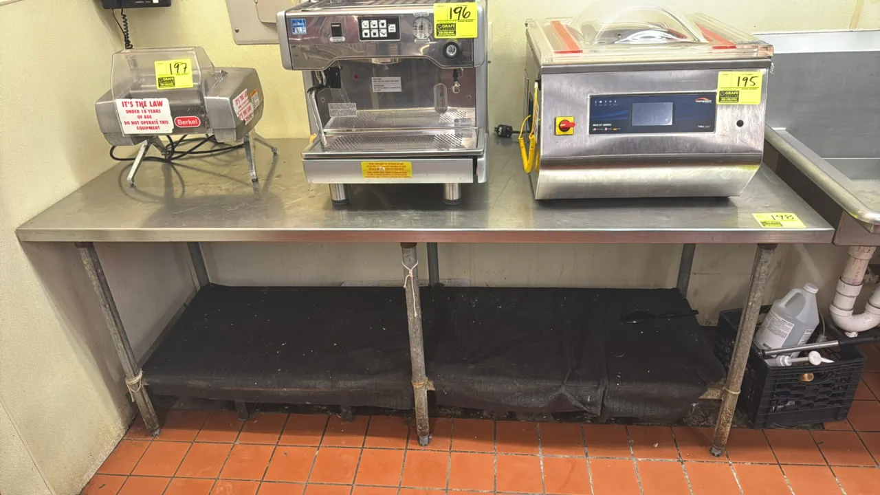 Stainless steel work table. Features a stainless steel top, galvanized undershelf, and galvanized tubular legs. Dimensions: 84"W x 30"D. Mounted on ad