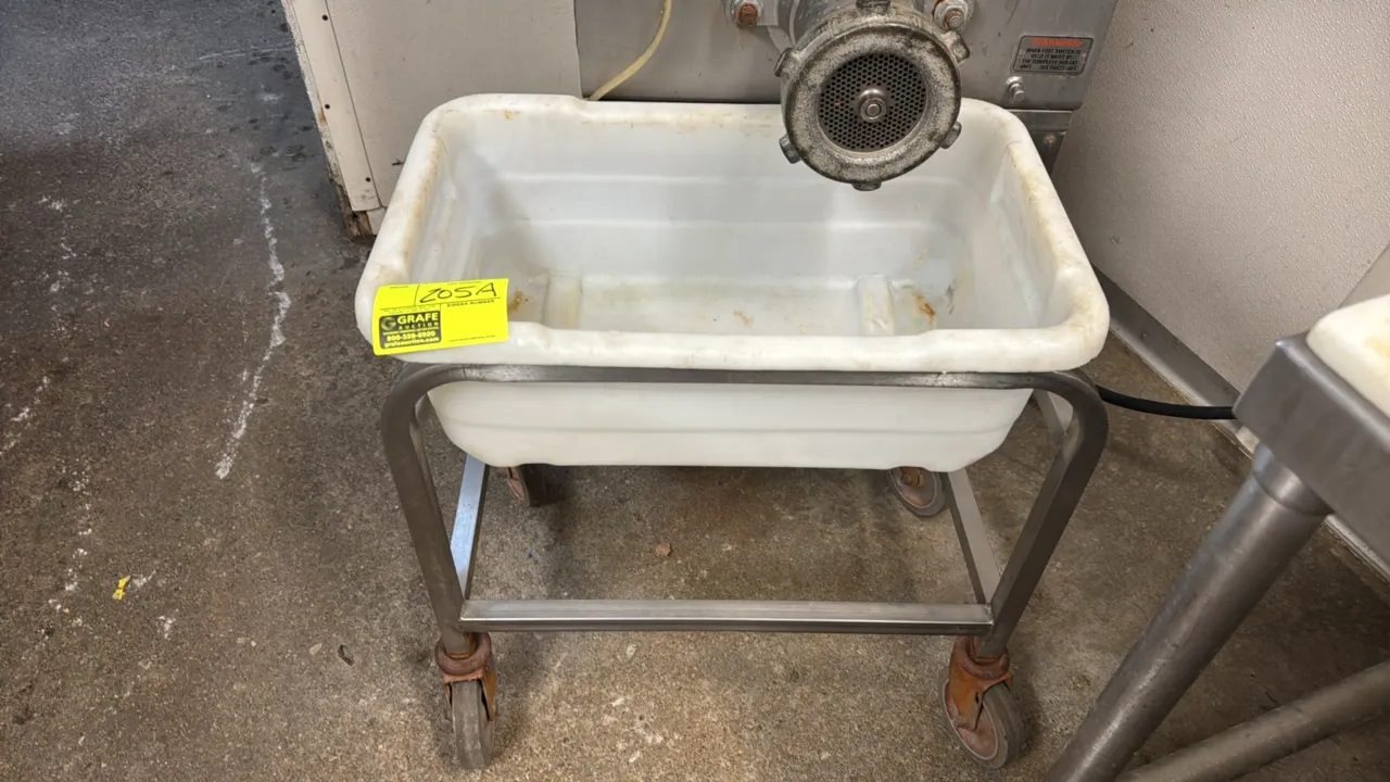 Stainless steel meat lug cart. Includes (1) white polyethylene lug. Mounted on swivel casters. Note: Meat grinder not included.