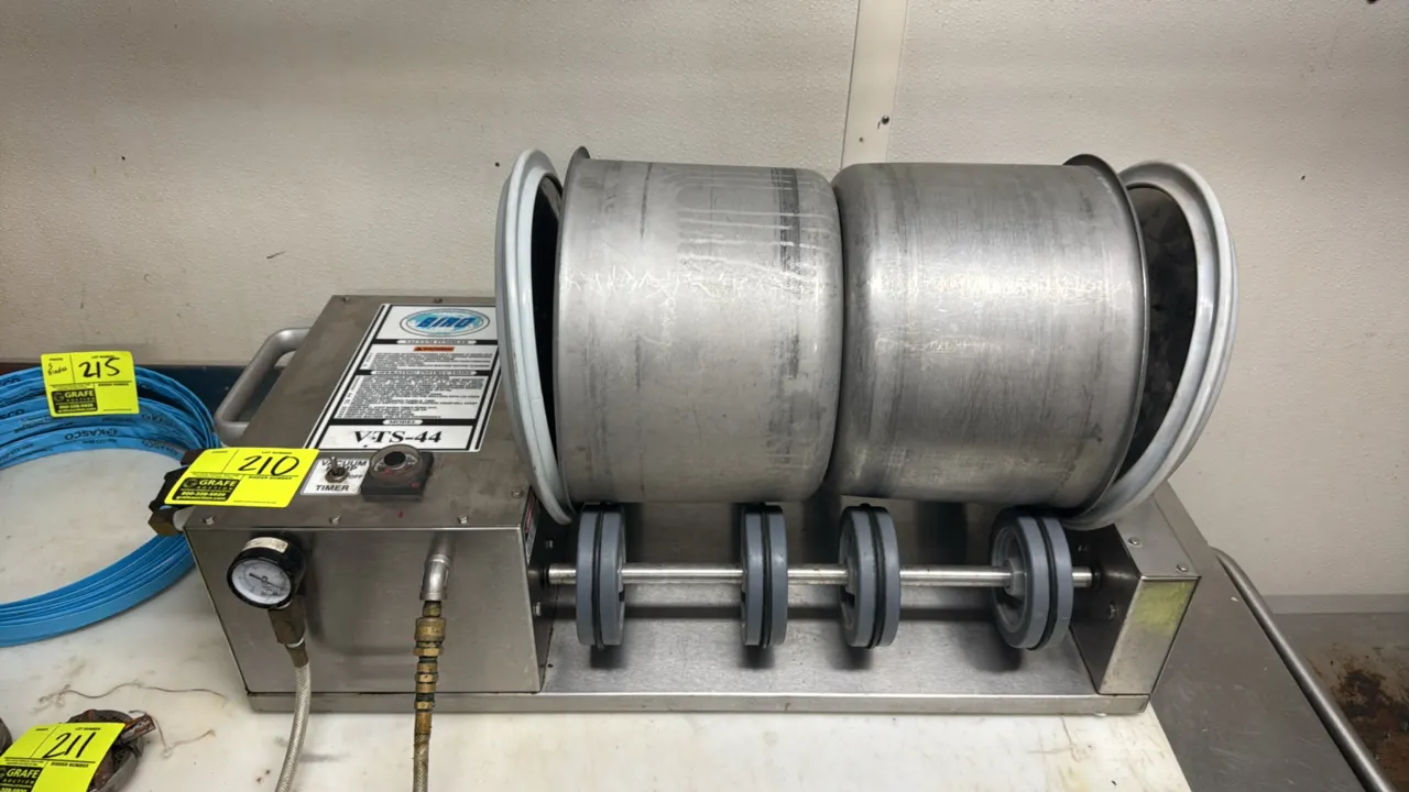 Biro VTS-44 stainless steel vacuum tumbler. Features (2) stainless steel drums with removable gasketed lids and internal baffles, built-in vacuum pump