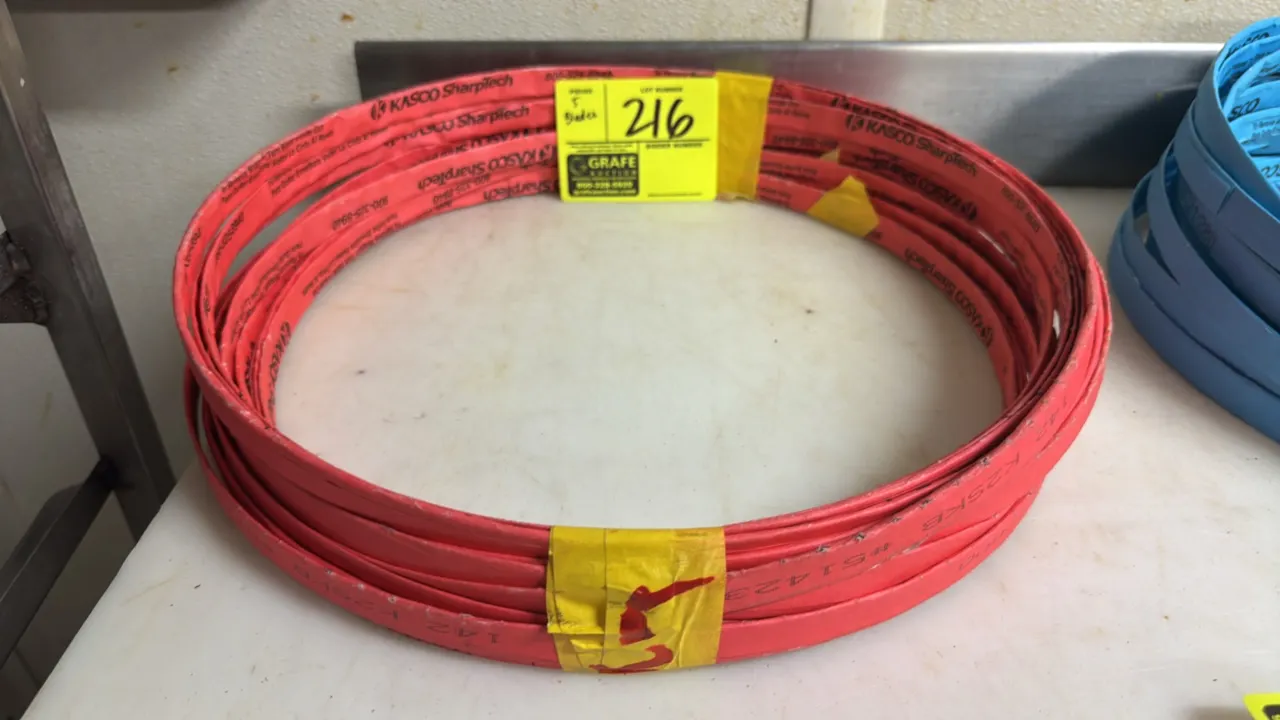 Kasco SharpTech 142" K2SKB meat band saw blades. Lot includes a bundle of (5) blades in protective wrapping. Part number 514233800.