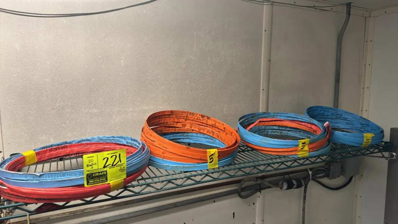 Kasco meat saw blades. Wrapped in protective sleeves for storage and handling. Includes assorted specifications including 5/8" x .022" 3T premium blad