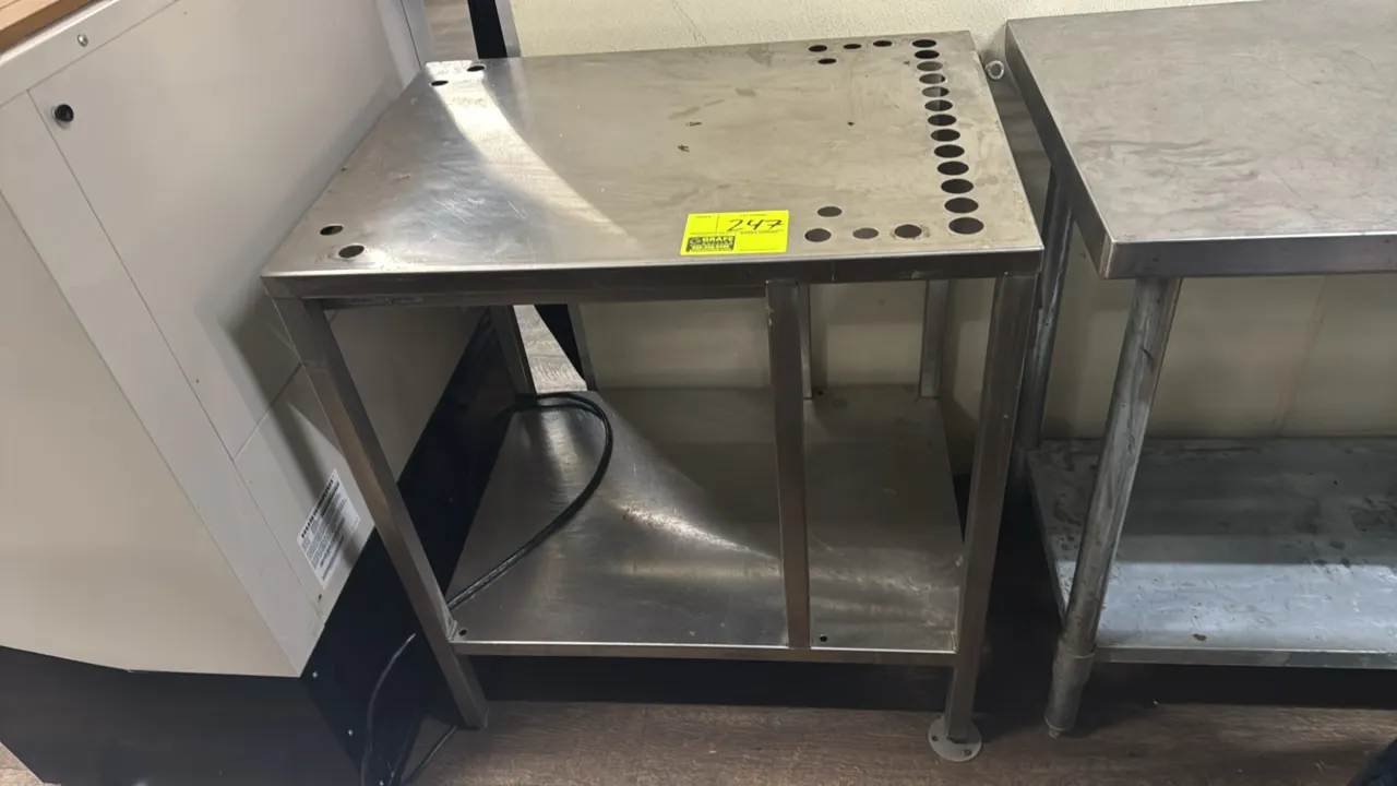 Cleveland UNISTAND34 stainless steel equipment stand. Features stainless steel construction, lower undershelf, tabletop equipment mounting holes, and