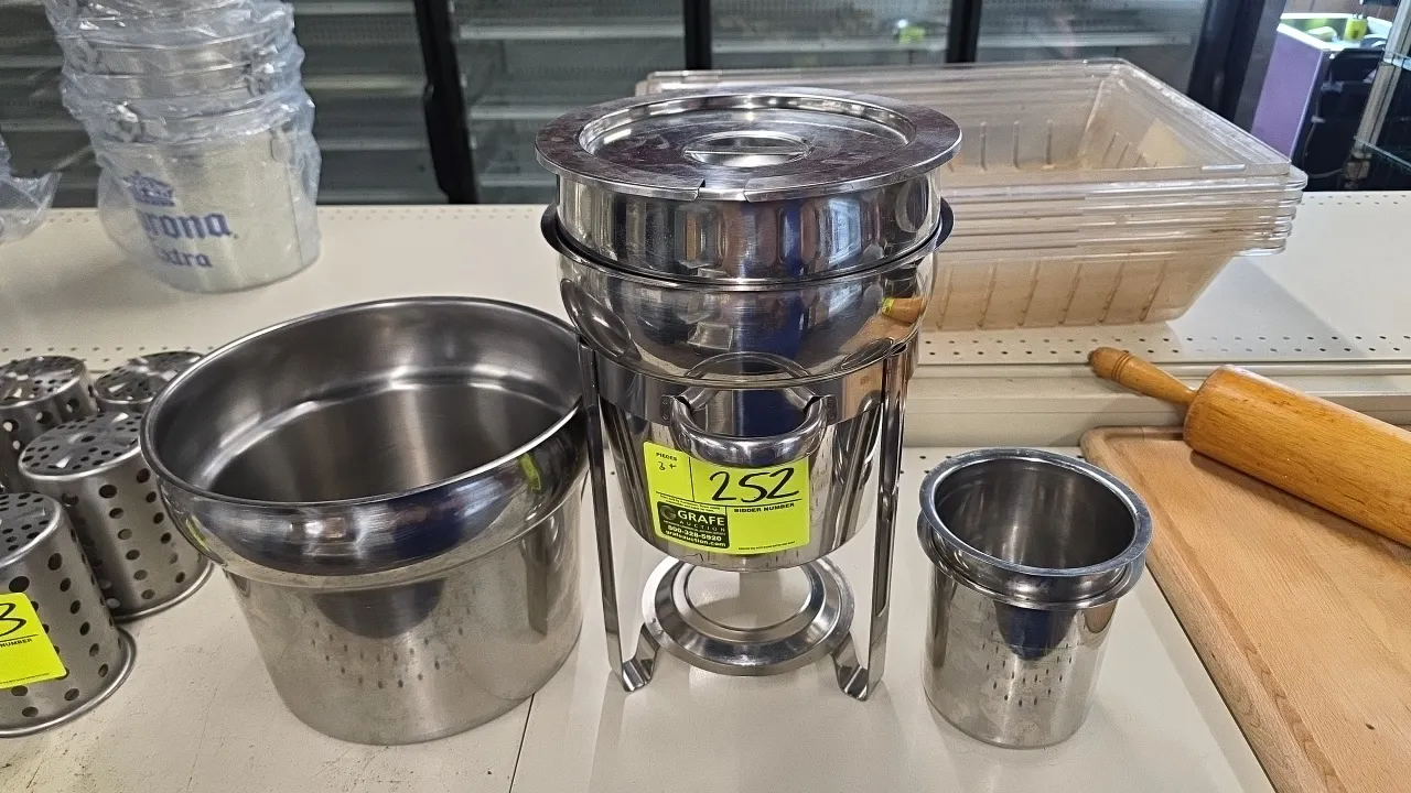 Stainless steel chafer soup warmers. Includes (1) chafer stand, (1) notched lid, and (2) utensil holders. Sized at 9" and 11".