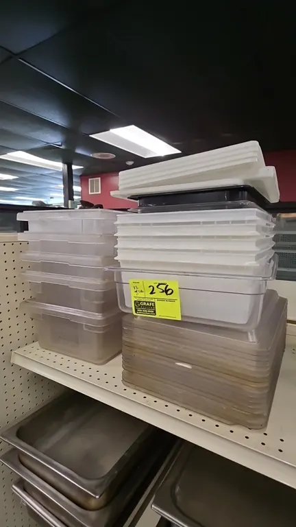 Poly storage containers. Includes (24) assorted lids. Features durable plastic construction in clear, white, and black finishes with assorted depths.