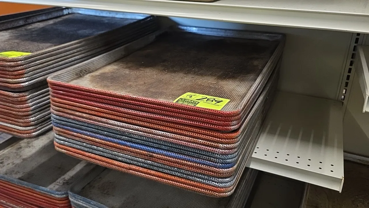 Full-size aluminum sheet pan liners. Features perforated mesh construction with reinforced colored rims. Designed for standard full-size sheet pans.