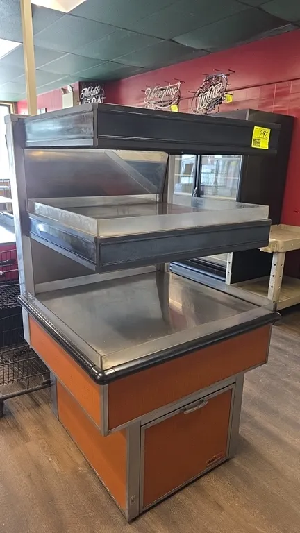 2005 AmeriDISER CUSTOM-2008494-11 2-tier hot food warmer display. Features stainless steel heated decks, product retainers, overhead heat lamps, and i
