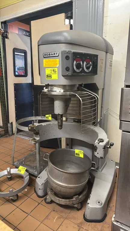 Hobart Legacy HL800 80-quart planetary floor mixer. Features digital controls, 4 speeds plus stir, digital timer, power bowl lift, and stainless steel