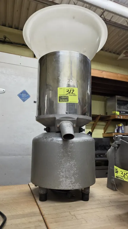 Vintage Masa Mfg. stainless steel commercial egg opening machine. Features stainless steel cylinder housing, top plastic hopper bowl, front discharge