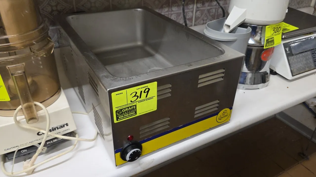 Adcraft FW-1200WF countertop hot food warmer. Features stainless steel construction, adjustable temperature control dial, power indicator light, and s