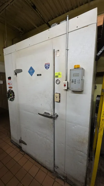 Tyler 7400253 F walk-in insulated panel freezer. Features hinged door with interior safety release, exterior dial thermometer, Tyler 2-fan evaporator