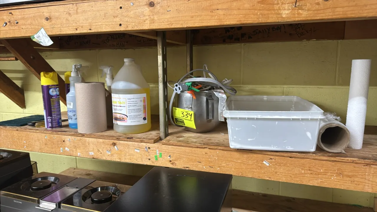 Assorted maintenance and utility package lot. Includes assorted electrical cords, a stainless steel mixing bowl, small spring clamps, a white plastic