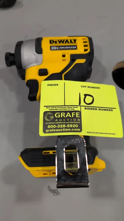 DeWalt DCF809 1/4" cordless impact driver. Features brushless motor, 1/4" hex drive, and belt clip. Technical specs: 0-2,800 RPM, 0-3,200 IPM. Electri