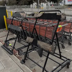 Metal portable flat panel carts. Features steel A-frame construction, bottom support ledges, and carpeted horizontal rests. 4'L. Mounted on casters. N