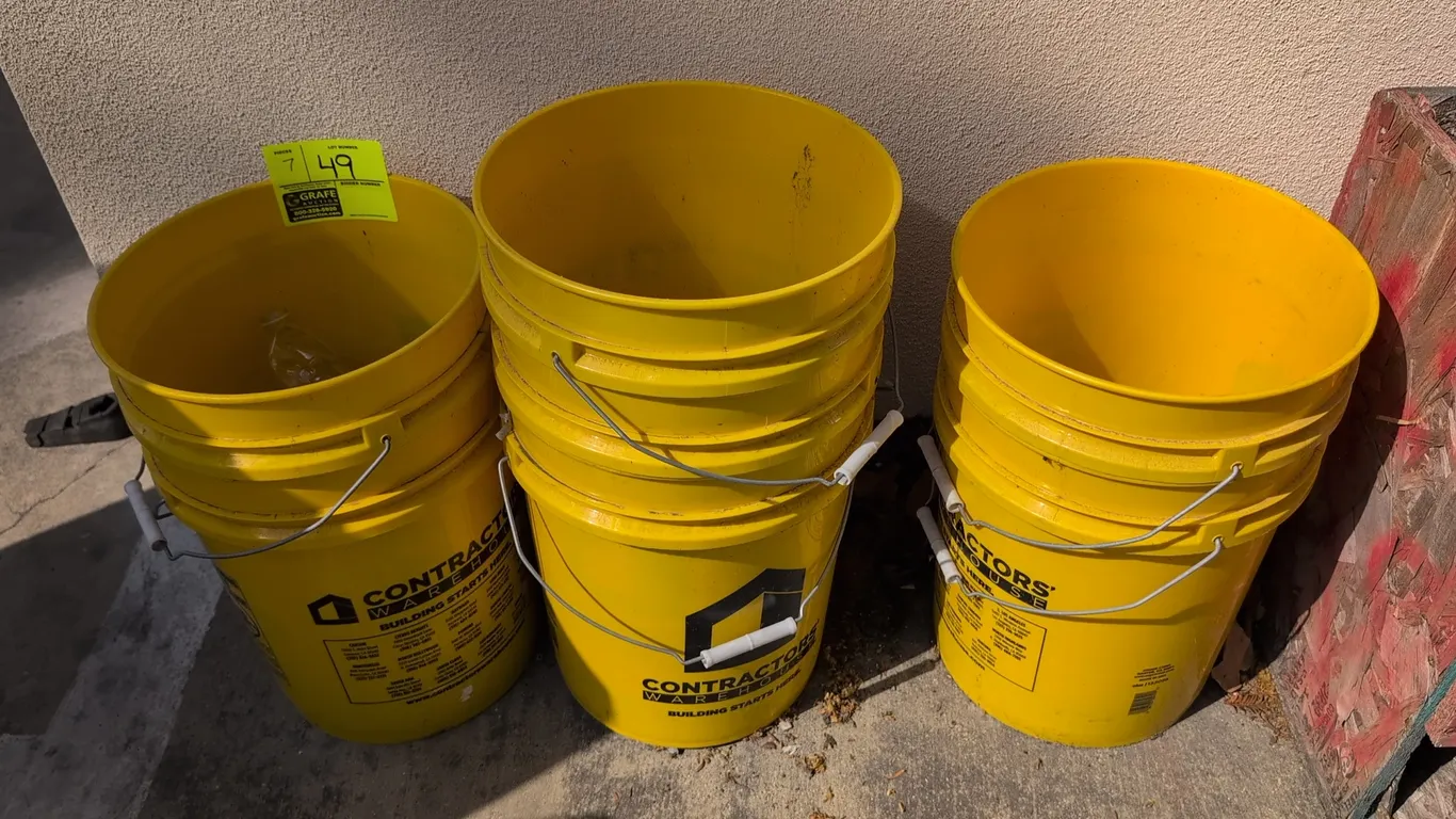 Contractors Warehouse poly buckets. Features yellow plastic construction and wire bail handles with plastic grips. Dimensions: 12" x 14" each. Content