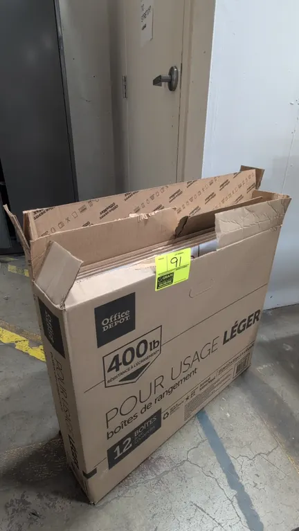 Office Depot 8269530 Basic Duty cardboard storage boxes. Designed for letter and legal size files, featuring 400 lb stacking strength and matching lid