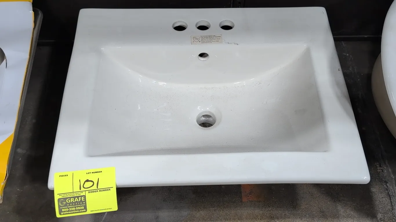 Porcelain drop-in bathroom sink. Features white finish, rectangular basin, 3-hole faucet drilling, and integrated overflow. Dimensions: 21-1/2" x 17"
