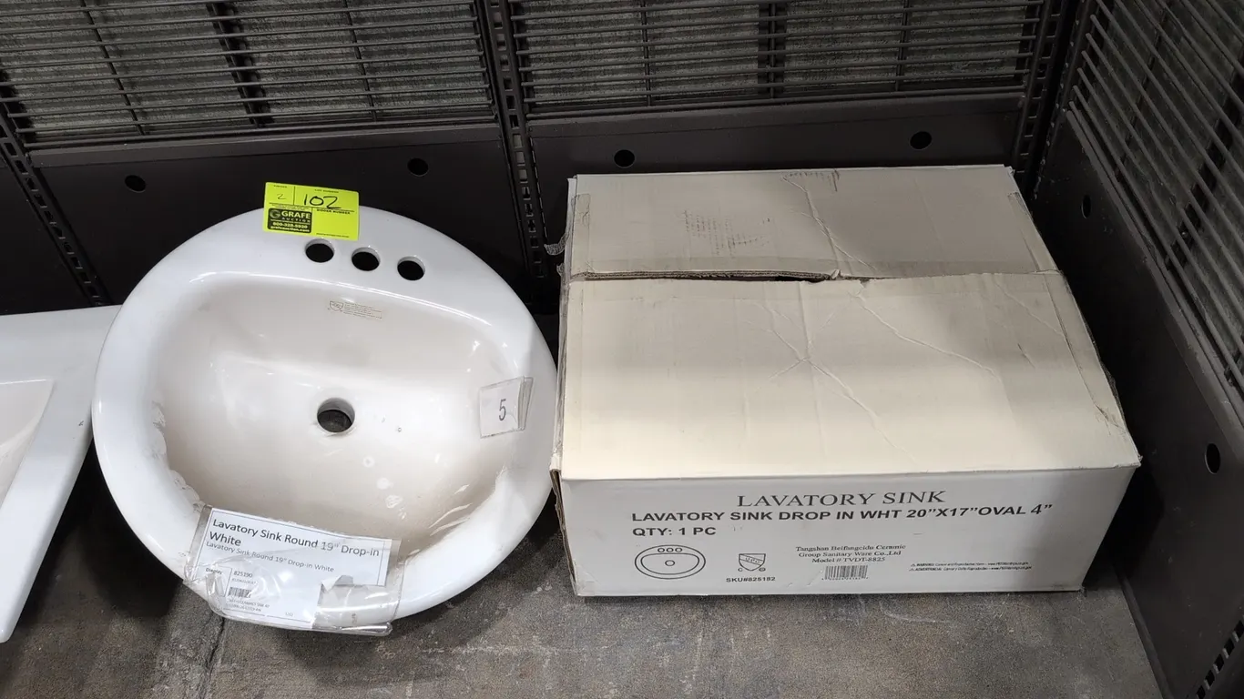 Tangshan Beifangcidu porcelain drop-in lavatory sinks. Includes (1) 19" round sink (19"x19"x8") and (1) 20"x17"x4" oval sink (Model TVDT-8825). Featur
