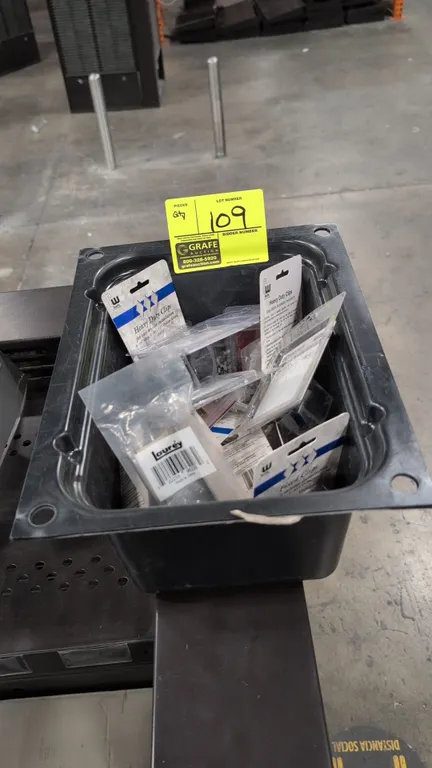 Assorted hardware lot. Includes CW Quality mirror installation clips, Red Devil glazier's push points, Laurey hardware, Interstate Pneumatics 3/8" cou