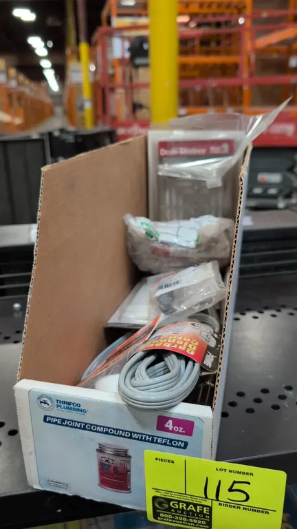Assorted plumbing and electrical supplies. Includes Sioux Chief drain strainers, Prime 3' garbage disposal power cord, flexible braided water supply l
