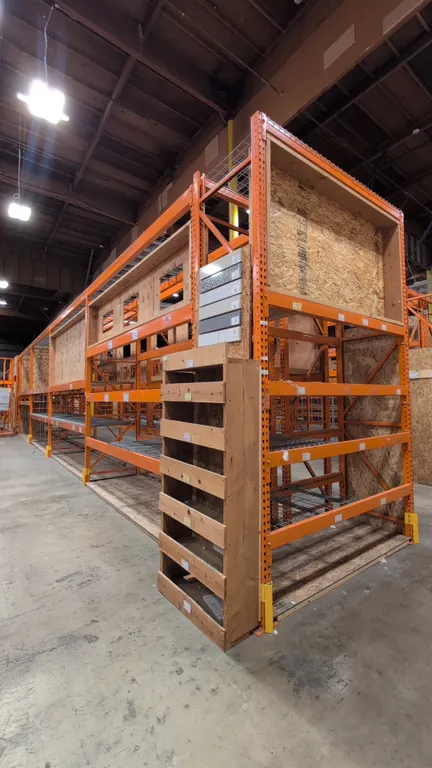 HMH metal teardrop pallet racking. Includes (8) 12'L sections and (2) 8'L sections. Features 5-1/2" crossbars, wood decking, and wire decking. Dimensi