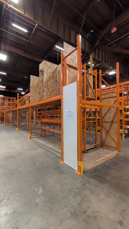 (8) 12' and (2) 8' sections of HMH metal teardrop pallet racking. Features 5-1/2" crossbars, wood decking, and wire decking. Dimensions: 34"W x 144"H