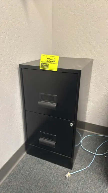 Metal 2-drawer vertical file cabinet. Features a black finish, integrated pull handles with label holders, a cylinder lock, and galvanized drawer inte