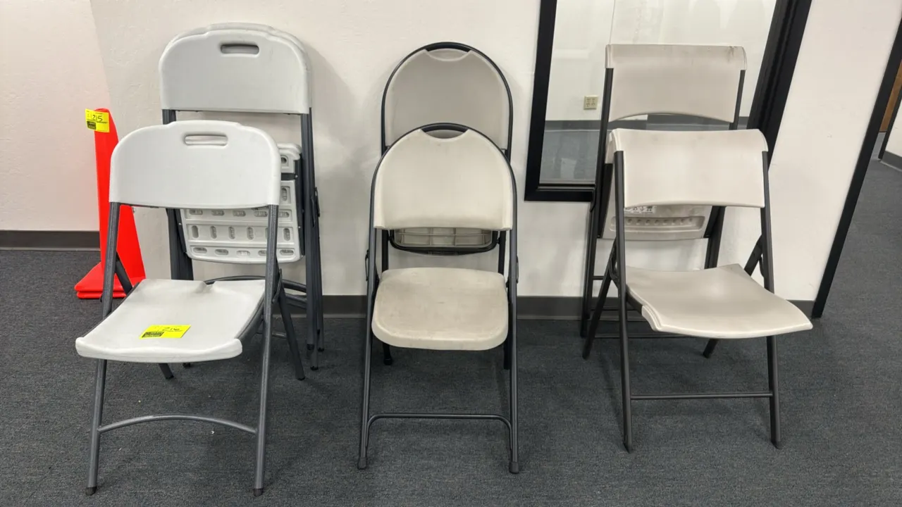 Assorted poly folding chairs. Features molded plastic seats and backrests with folding metal frames in various styles and finishes.