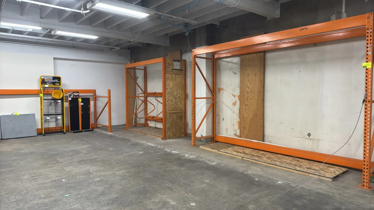HMH teardrop pallet racking consisting of (2) 12'L sections and (1) 8'L section (32'L total). Features teardrop uprights and step beams with orange fi