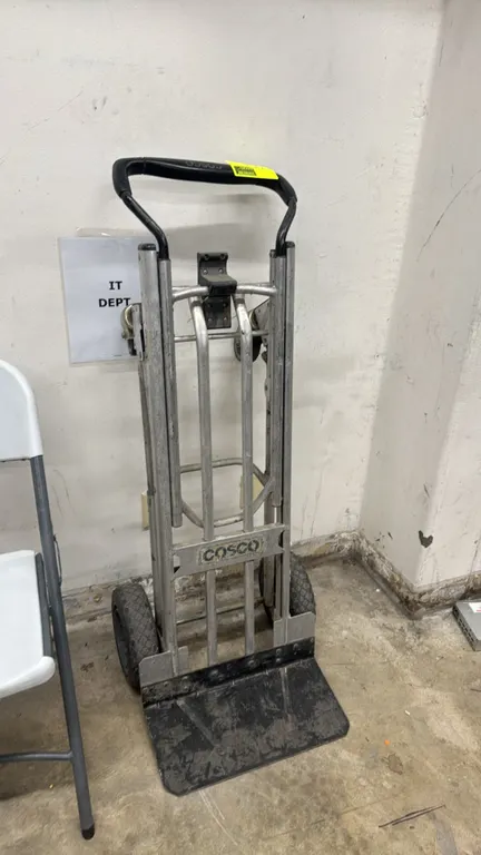 Cosco convertible 2-to-4 wheel aluminum hand truck dolly. Features convertible design for 2-wheel hand truck or 4-wheel cart operation, aluminum frame