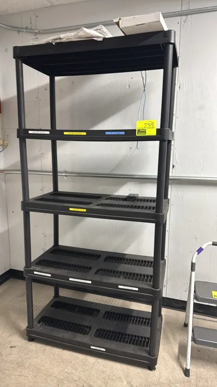 Poly 5-tier shelving rack. Features ventilated plastic shelves and tubular uprights. 36"W x 18"D x 75"H. Contents not included.