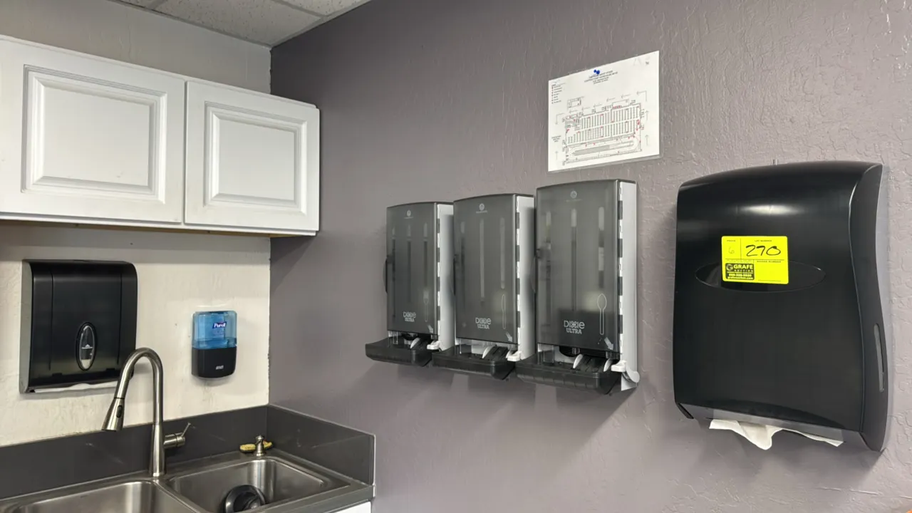 Commercial dispenser lot. Includes (3) Dixie Ultra cutlery dispensers for forks, knives, and spoons, (2) Georgia-Pacific paper towel dispensers, and (