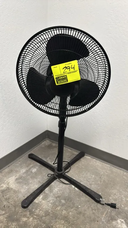14" poly pedestal fan. Features 3-blade design, protective wire grill, and adjustable height column. Mounted on a 4-leg cross base.
