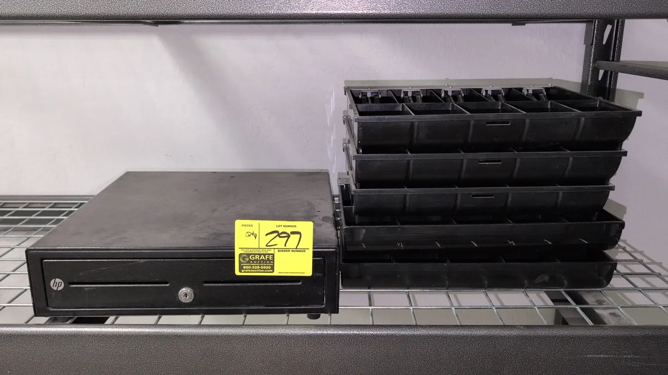 HP cash handling supplies lot. Includes 16" metal cash drawer featuring dual media slots and front key lock, and 14" poly cash drawer till insert tray