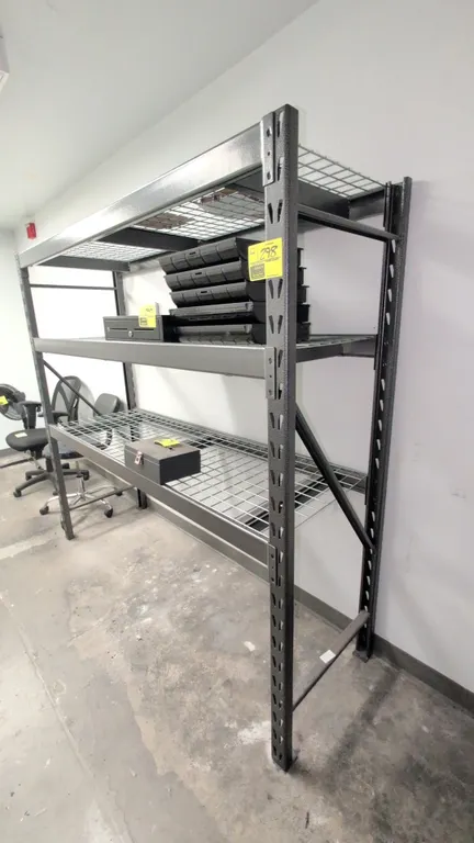 3-tier metal warehouse storage rack. Features hammered finish steel frame with wire mesh deck shelves. 77"W x 24"D x 72"H. Contents not included.