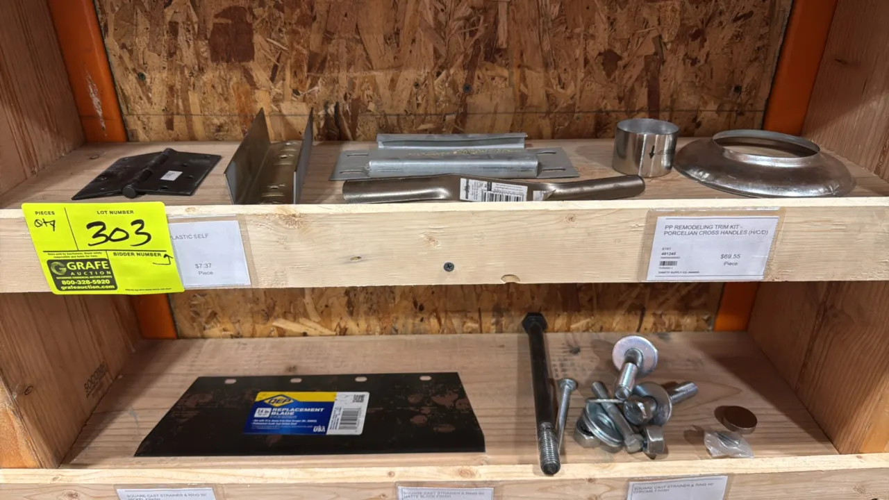 Assorted hardware and replacement parts. Includes a QEP 14" floor scraper replacement blade, door hinge, metal mounting brackets, escutcheon trim, pla