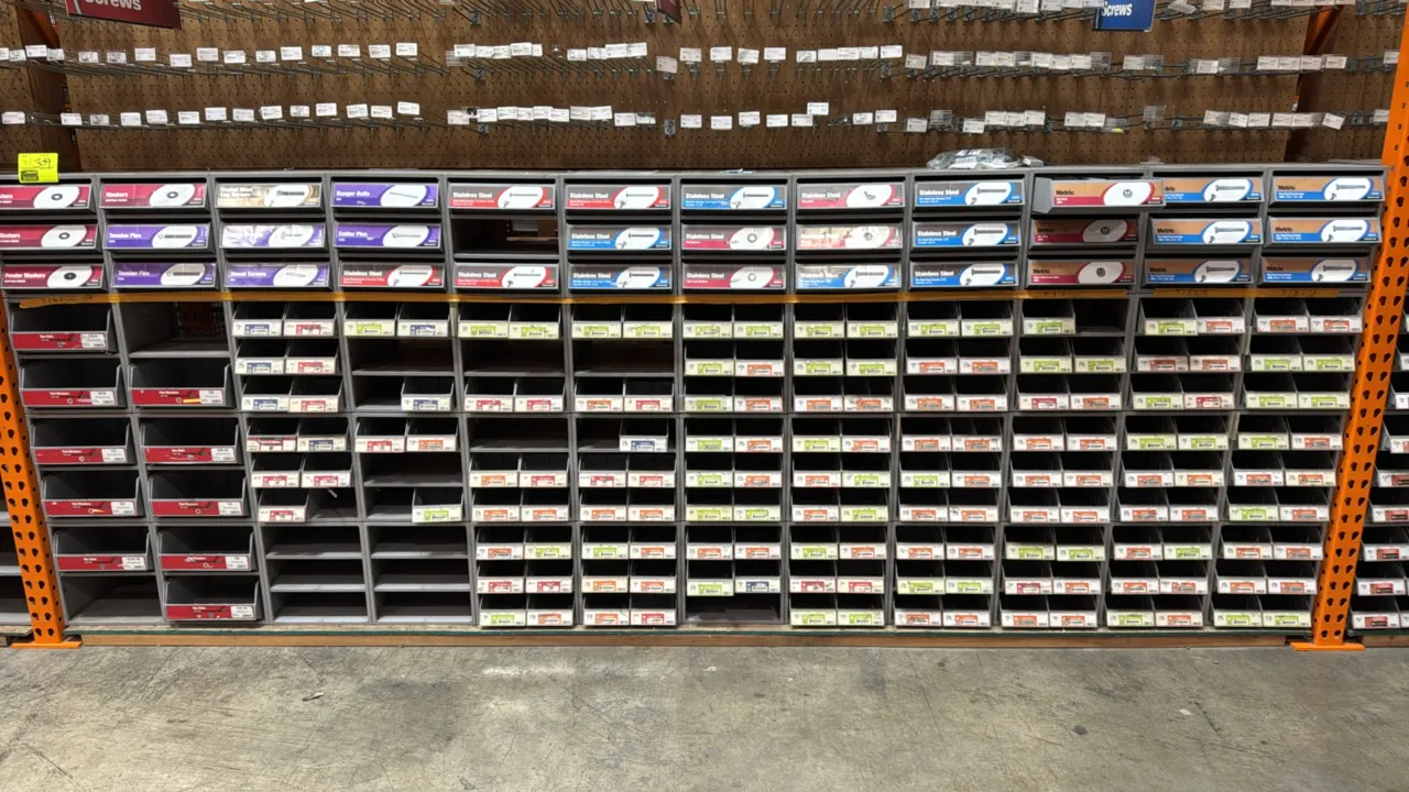 Metal hardware merchandisers. Features upper tilt-out drawers and multi-tier open parts bins with label slots. Gray finish. 12" x 16" x 52" each. Note