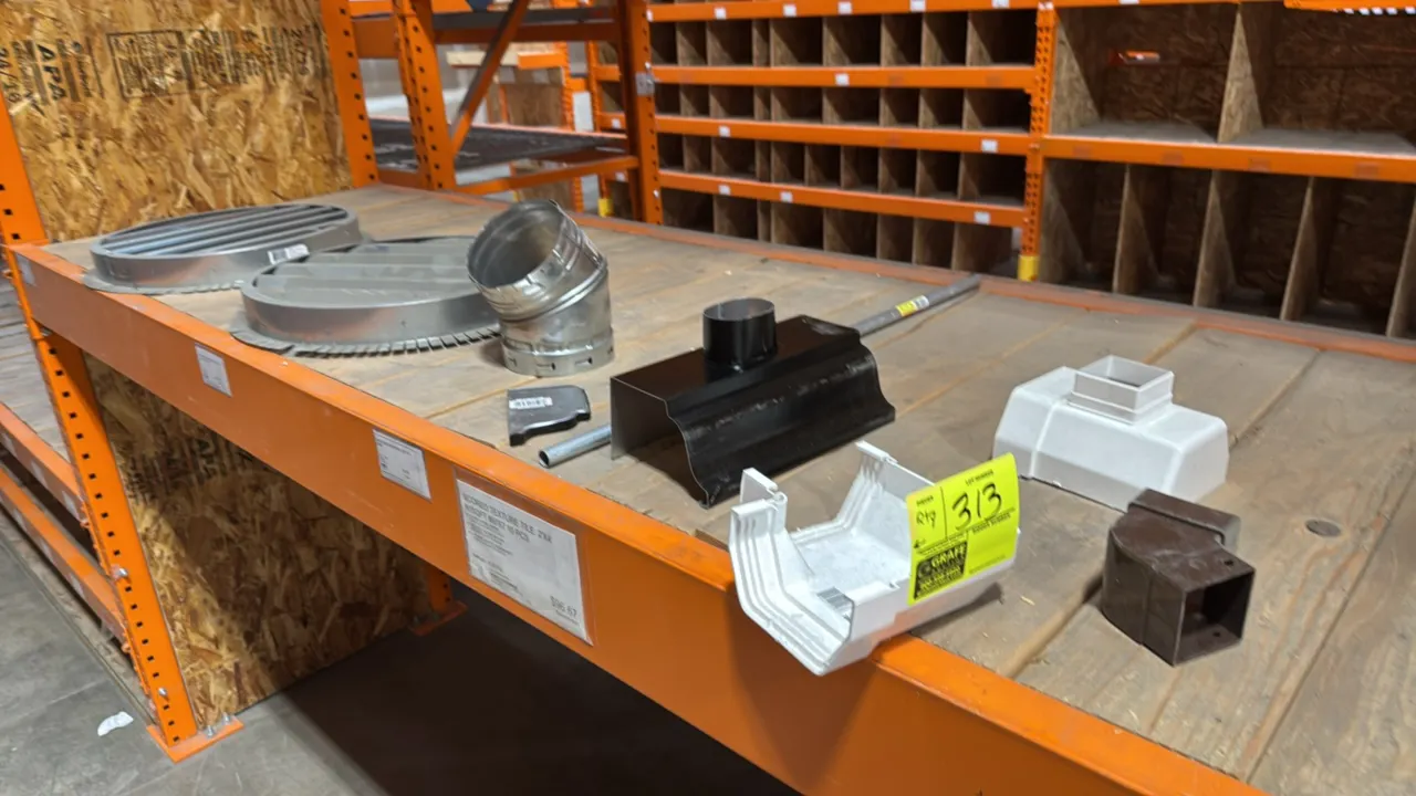 Assorted gutter and ventilation components. Includes (2) 18" round galvanized louvered vents with flanges, an adjustable galvanized duct elbow, a gutt