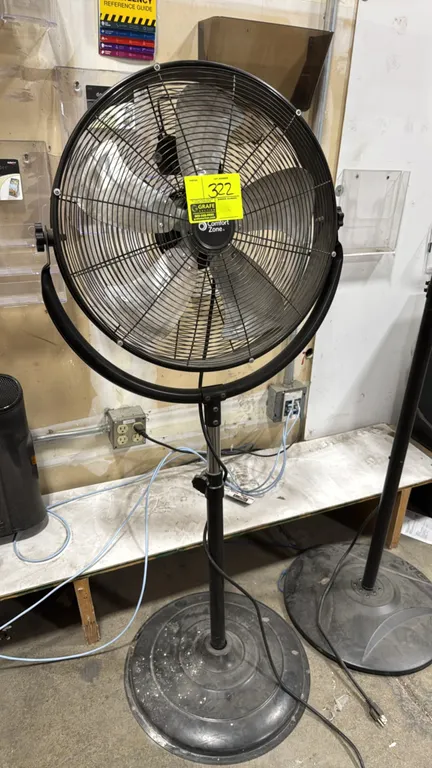 Comfort Zone pedestal fan. Features adjustable height, tilting head, metal blades, and wire safety guard. 20" diameter. Electrical: 120V. Mounted on a