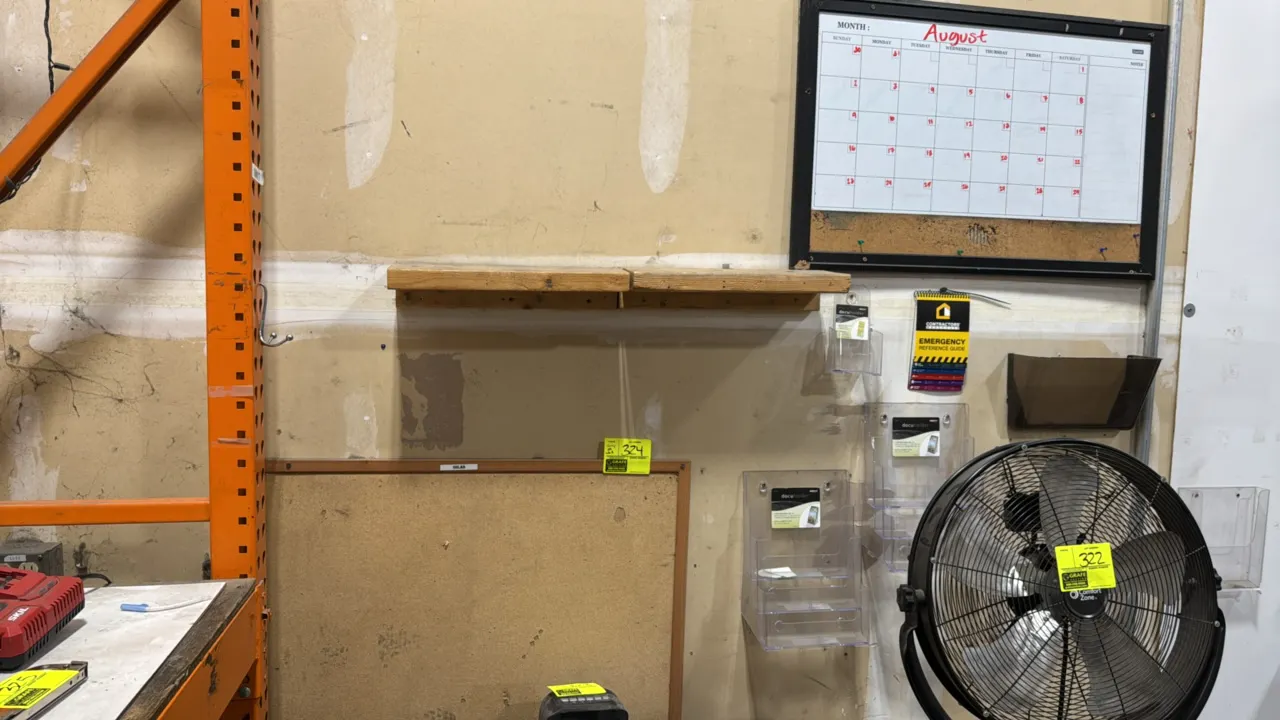 Package lot of office wall organizers. Includes framed cork bulletin board, combination dry-erase monthly calendar and cork board, and assorted wall-m