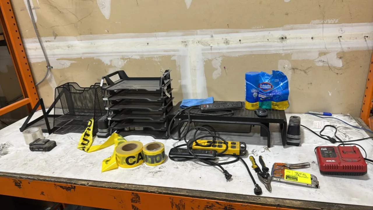 Package lot of assorted tools and office supplies. Includes Skil battery charger, Flex 2.5Ah battery, heavy-duty staple gun, sheet metal snips, power