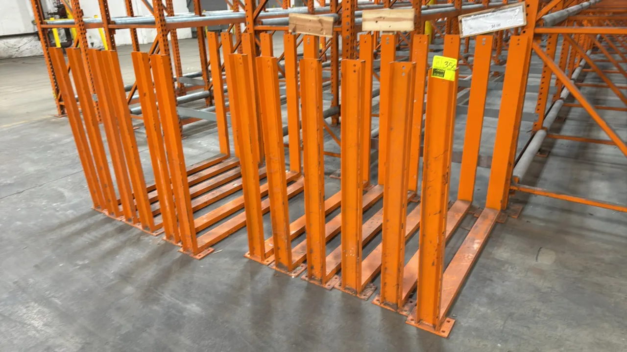 Metal stands. Features orange painted steel construction, U-shaped design, and pre-drilled top mounting holes. 56" x 48". Base plates with pre-drilled