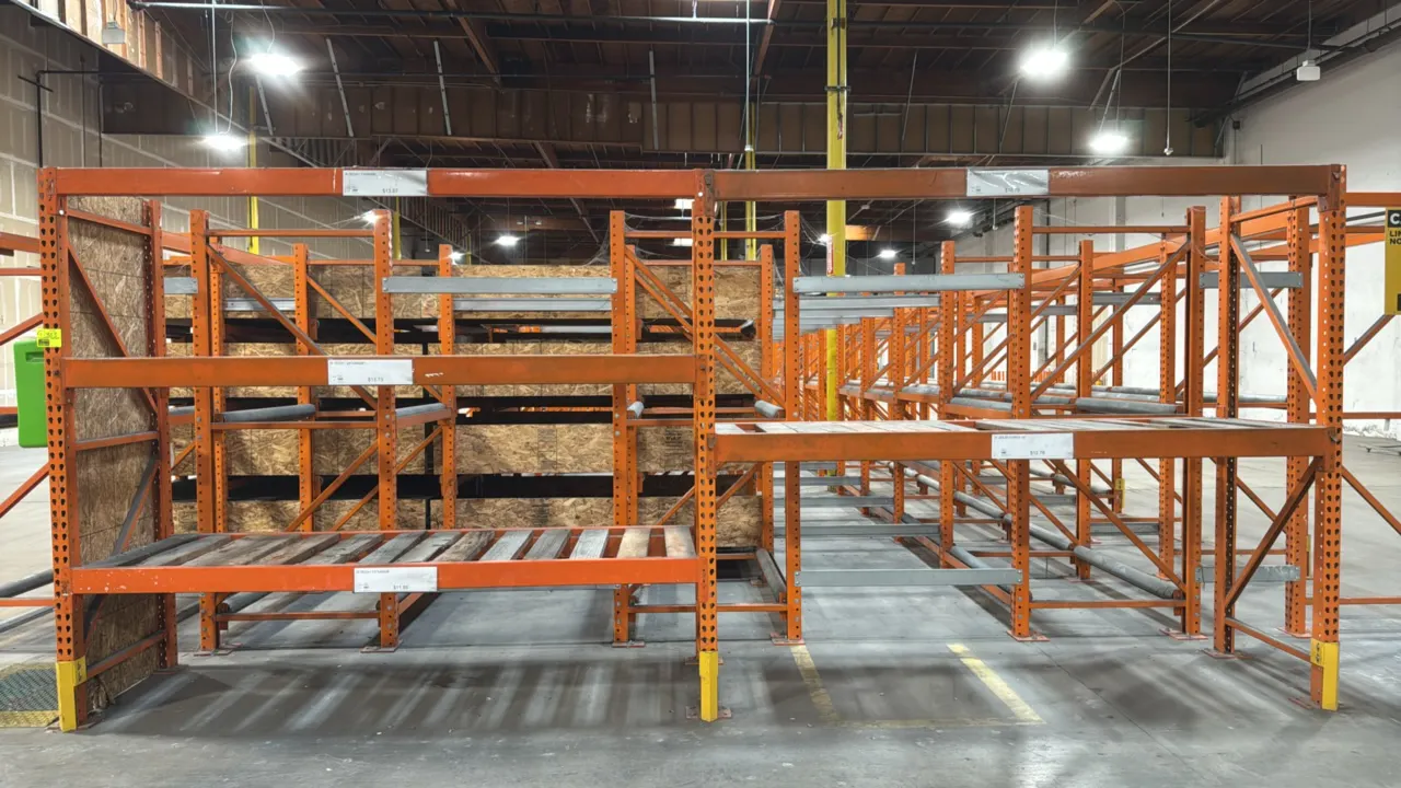 HMH pallet racking. Features 8' sections, teardrop uprights, 4 1/2" to 5" cross bars, and wood decking. Dimensions: 34" x 8'H.