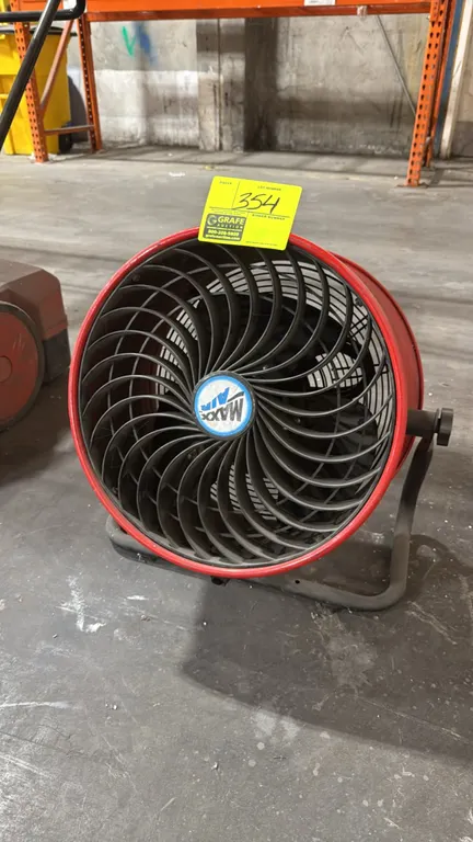Maxx Air HVFF16TRED 16" turbo high velocity floor fan. Features adjustable tilt drum and rear rotary control. 16" diameter. Electrical: 120V, 60 Hz, 1