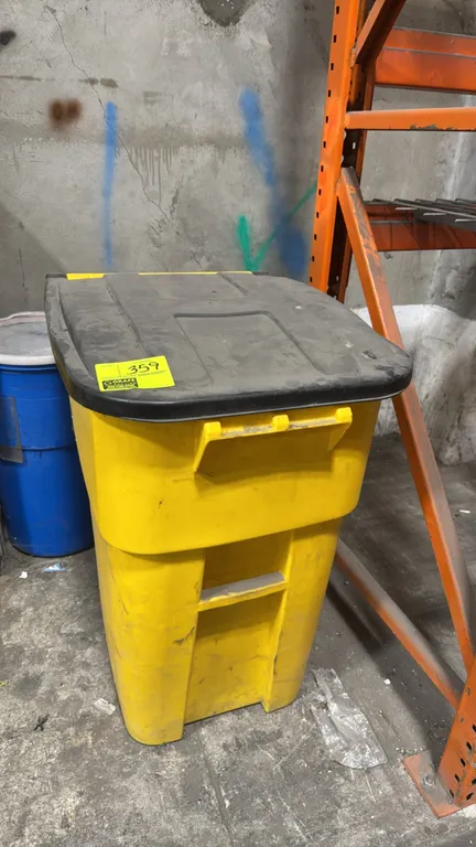 Poly portable trash can. Features yellow molded polyethylene construction with a black hinged lid. Contents not included.