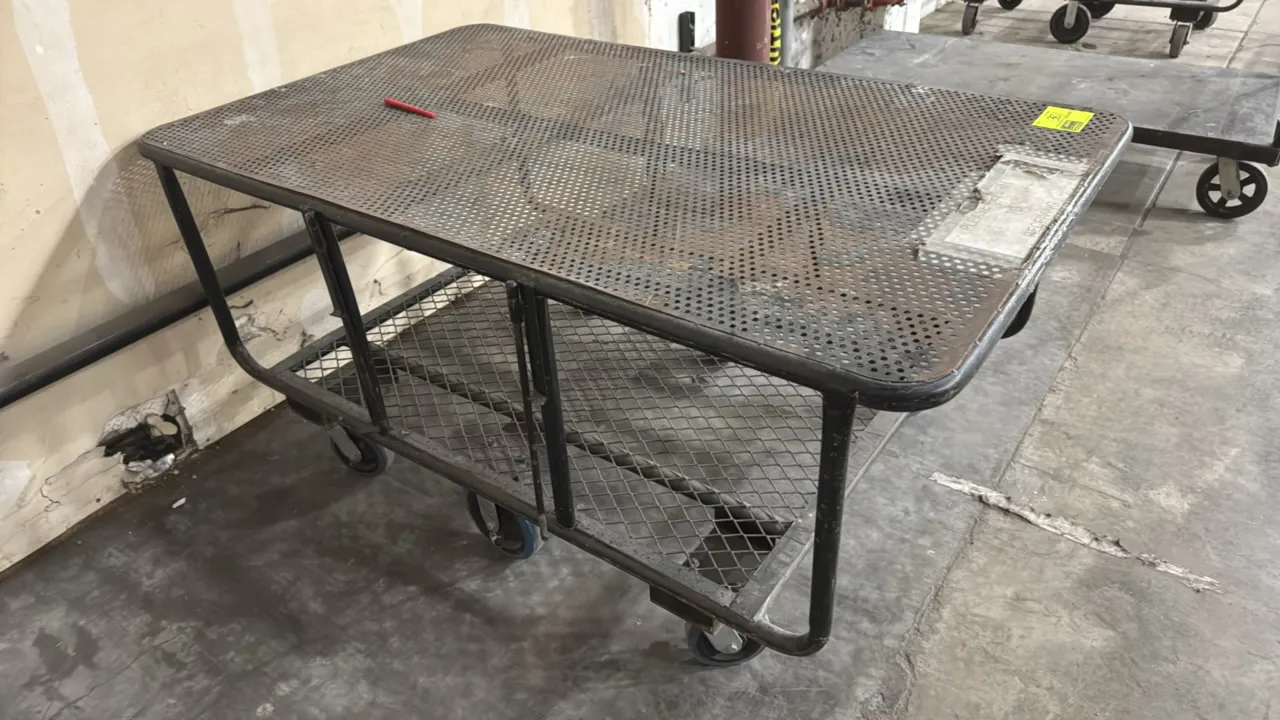 Metal 6-wheel stock cart. Features a perforated metal top deck, expanded wire mesh lower shelf, and tubular frame. Dimensions: 64"L x 39"W. Mounted on